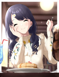 Rule 34 | 1girl, absurdres, black hair, blurry, blurry background, closed eyes, commentary request, facing viewer, food, fork, fukumaru koito, hair ornament, hairclip, highres, holding, holding fork, ice cream, ice cream float, idolmaster, idolmaster shiny colors, long hair, long sleeves, low twintails, okano yuuto, pancake, restaurant, solo, twintails