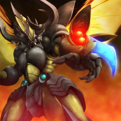 Rule 34 | claws, foreshortening, glowing, horns, insect wings, kyoushoku soukou guyver, monitor, monster, neo zx tole, no humans, solo, wings, zb (dawn-blue)