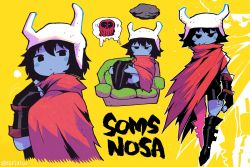Rule 34 | 1girl, black eyes, black footwear, black gloves, black hair, black shorts, blue skin, boots, cape, character name, closed mouth, colored skin, fake horns, fingerless gloves, gloves, hair between eyes, hat, horned headwear, horns, hylics, multiple views, rariatto (ganguri), red cape, short hair, shorts, simple background, somsnosa, thigh boots, thighhighs, twitter username, white headwear, yellow background