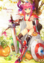 Rule 34 | 1girl, animal, animal on shoulder, arm support, armor, armored boots, bad id, bad pixiv id, bikini, bikini armor, black thighhighs, blue eyes, boots, breasts, broadsword, candy, candy wrapper, cape, character name, checkerboard cookie, choker, collarbone, cookie, copyright name, curled horns, day, dragon horns, dragon tail, ekita kuro, elizabeth bathory (brave) (fate), elizabeth bathory (fate), falling leaves, fang, fate/grand order, fate (series), food, grass, hair ribbon, halloween, halloween bucket, highres, holding, holding food, holding sword, holding weapon, horns, jack-o&#039;-lantern, knee boots, leaf, lollipop, long hair, looking to the side, navel, outdoors, oversized clothes, parted lips, pauldrons, pink hair, pointy ears, pumpkin, purple ribbon, red bikini, red choker, red footwear, ribbon, shield, shoes, shoulder armor, sidelocks, sitting, slime (creature), small breasts, solo, spiked shoes, spikes, squirrel, string bikini, swimsuit, sword, tail, thighhighs, tiara, tombstone, tree, two side up, v-shaped eyebrows, vambraces, weapon, white cape