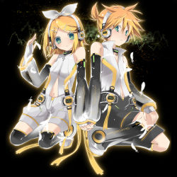 Rule 34 | 1boy, 1girl, blonde hair, brother and sister, choker, detached sleeves, feathers, fingerless gloves, gloves, headphones, hekicha, kagamine len, kagamine len (append), kagamine rin, kagamine rin (append), siblings, twins, vocaloid, vocaloid append