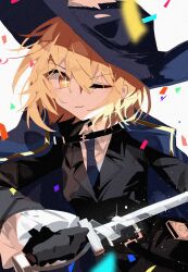 Rule 34 | 1girl, :3, black gloves, black jacket, blonde hair, blue hat, blue necktie, closed mouth, collared shirt, confetti, don quixote (project moon), gloves, hat, highres, holding, holding sword, holding weapon, jacket, lemonail, limbus company, long sleeves, necktie, one eye closed, project moon, shirt, short hair, simple background, smile, solo, sparkling eyes, sword, weapon, white background, white shirt, yellow eyes