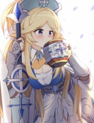 Rule 34 | 1girl, armor, armored dress, blonde hair, blush, breasts, bridal veil, cup, elf, gauntlets, hanehituzi4410, highres, large breasts, long hair, mug, pointy ears, princess connect!, purple eyes, simple background, solo, veil, very long hair, white background, yukari (princess connect!)