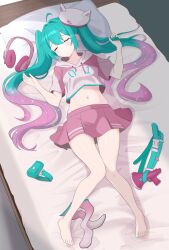 1girl absurdres animal_ears animal_hat aqua_belt aqua_hair bare_legs barefoot bed belt blush cat_ears cat_hat closed_eyes fake_animal_ears feet fortnite futatunoniji gradient_hair hair_between_eyes hair_ornament hairclip hat hatsune_miku headphones highres hood hoodie legs long_hair lying midriff multicolored_hair navel neko_hatsune_miku official_alternate_costume on_back on_bed pillow pink_hair pink_hat pink_hoodie pink_skirt skirt sleeping sleepy solo stomach toes twintails unworn_belt unworn_hat unworn_headphones unworn_headwear unworn_socks vocaloid