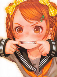 Rule 34 | 1girl, blush, bow, braid, child, close-up, copyright request, hair bow, hair ornament, hairclip, highres, making faces, matching hair/eyes, mouth pull, murata range, orange bow, orange eyes, orange hair, polka dot, polka dot bow, polka dot ribbon, red hair, ribbon, sailor collar, school uniform, serafuku, short twintails, solo, teeth, twintails