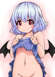 Rule 34 | 1girl, bad id, bad pixiv id, bare arms, bare shoulders, bat wings, blue hair, bottomless, breasts, clothes lift, collarbone, commentary, groin, heart, heart-shaped pupils, lifting own clothes, looking at viewer, navel, nightgown, nightgown lift, no bra, no panties, no pants, nyt (nagane), out-of-frame censoring, red eyes, remilia scarlet, shirt lift, silver hair, small breasts, smile, solo, symbol-shaped pupils, touhou, underboob, wings
