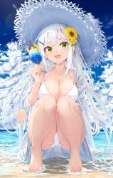 Rule 34 | 1girl, :d, absurdres, barefoot, beach, bikini, blue sky, breasts, cleavage, cloud, cloudy sky, cup, day, dress, drink, flower, green eyes, hair flower, hair ornament, hairclip, halter dress, halterneck, hat, heel up, highres, holding, holding cup, holding drink, large breasts, long hair, looking at viewer, na kyo, ocean, open clothes, open mouth, open shirt, original, outdoors, panties, pantyshot, sand, sky, smile, solo, squatting, sun hat, sundress, sunflower, swimsuit, teeth, tiptoes, tropical drink, underwear, upper teeth only, very long hair, white bikini, white dress, white hair, white hat, white panties