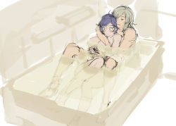 Rule 34 | 1boy, 1girl, androgynous, arm around shoulder, ash crimson, bath, bathing, bathroom, blonde hair, blue eyes, blue hair, blush, breasts, closed mouth, couple, elisabeth blanctorche, embarrassed, freckles, full body, half-closed eyes, hetero, interlocked fingers, large breasts, mixed-sex bathing, muse (rainforest), nude, open mouth, shared bathing, short hair, sketch, the king of fighters