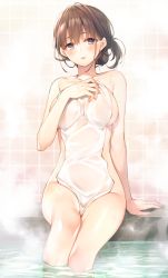 Rule 34 | 1girl, arm at side, bare shoulders, blush, breasts, brown eyes, brown hair, collarbone, covering privates, elfine phillet, feet out of frame, hair up, hand on own chest, head tilt, highres, looking at viewer, medium breasts, nude cover, official art, onsen, parted lips, seiken gakuin no maken tsukai, sideboob, sitting, soaking feet, solo, steam, thighs, tile wall, tiles, toosaka asagi, towel, water
