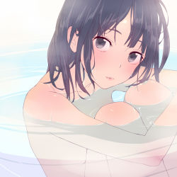 Rule 34 | 1girl, black eyes, black hair, face, highres, lips, nude, original, partially submerged, short hair, solo, teti, water, wet, wet hair