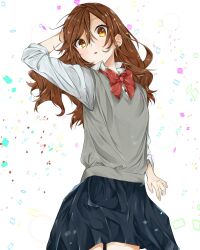 Rule 34 | 1girl, absurdres, black skirt, bow, bowtie, brown hair, commentary, confetti, cowboy shot, english commentary, grey sweater vest, hair between eyes, highres, hori-san to miyamura-kun, hori kyouko, long hair, long sleeves, looking at viewer, nh16, open collar, open mouth, orange eyes, red bow, red bowtie, school uniform, skirt, solo, sweater vest, white background