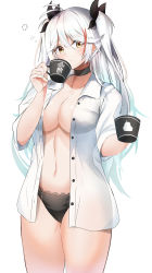 Rule 34 | 1girl, absurdres, azur lane, black panties, bow, breasts, choker, coffee mug, collarbone, cup, hair between eyes, hair bow, hair ornament, highres, holding, holding cup, iron blood (emblem), j yak47, long hair, mug, multicolored hair, navel, panties, prinz eugen (azur lane), simple background, solo, stomach, streaked hair, twintails, unbuttoned, unbuttoned shirt, underwear, white background, white hair, yellow eyes
