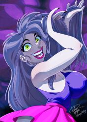 Rule 34 | 1girl, arms up, breasts, disney, female focus, green eyes, large breasts, lipstick, long hair, looking at viewer, madam mim, makeup, nail polish, pointy nose, purple hair, skirt, solo, the sword in the stone, tovio rogers
