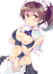 Rule 34 | 10s, 1girl, :&lt;, adapted costume, alternate costume, apron, artist name, blush, breasts, brown hair, closed mouth, cuffs, female focus, highres, imu sanjo, jpeg artifacts, kaga (kancolle), kantai collection, large breasts, long hair, looking at viewer, maid, maid apron, maid headdress, midriff, navel, ribbon, ribbon-trimmed apron, ribbon trim, side ponytail, skirt, solo, uniform, white background, wrist cuffs, wristband