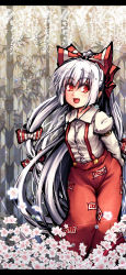Rule 34 | 1girl, bamboo, bamboo forest, forest, fujiwara no mokou, hair ribbon, highres, letterboxed, long hair, nature, ponytail, red eyes, ribbon, solo, suspenders, touhou, umarutsufuri, very long hair, white hair