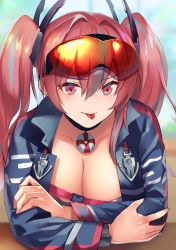 Rule 34 | 1girl, azur lane, bikini, blue jacket, blush, breasts, bremerton (azur lane), choker, cleavage, closed mouth, collarbone, goggles, goggles on head, hair ornament, highres, jacket, large breasts, long hair, long sleeves, looking at viewer, mole, mole under eye, multicolored hair, open clothes, open jacket, pink bikini, pink eyes, pink hair, shimotsuki shio, sidelocks, smile, streaked hair, swimsuit, tongue, tongue out, twintails