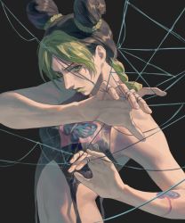 Rule 34 | 1girl, arm tattoo, bare arms, bare shoulders, black background, black hair, black shirt, braid, braided ponytail, chinese commentary, commentary request, double bun, foreshortening, from side, green eyes, green hair, green lips, hair bun, highres, jojo no kimyou na bouken, kuujou jolyne, looking at viewer, medium hair, midriff, multicolored hair, navel, parted bangs, realistic, shirt, simple background, sleeveless, sleeveless shirt, solo, stone ocean, string, tattoo, two-tone hair, upper body, yuan di shaobing