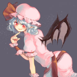 Rule 34 | 1girl, bat wings, blue hair, bow, fang, grey background, hat, hat bow, pointy ears, red eyes, remilia scarlet, solo, touhou, umi (umi02), wings, wrist cuffs