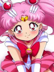 Rule 34 | 1girl, bishoujo senshi sailor moon, bow, brooch, chibi usa, choker, circlet, closed mouth, cone hair bun, double bun, earrings, elbow gloves, female focus, gloves, hair bun, hair ornament, hairpin, heart, heart brooch, heart choker, jewelry, looking at viewer, magical girl, pink hair, pink neckwear, pink sailor collar, pink skirt, pleated skirt, red bow, red eyes, sagamimok, sailor chibi moon, sailor collar, sailor senshi uniform, short hair, skirt, smile, solo, stud earrings, twintails, white background, white gloves