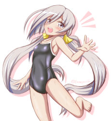 Rule 34 | 10s, 1girl, barefoot, competition school swimsuit, grey eyes, grey hair, kantai collection, kiyoshimo (kancolle), long hair, one-piece swimsuit, school swimsuit, solo, swimsuit, tamayan, twintails