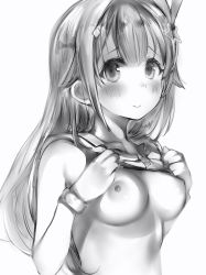 Rule 34 | 1girl, bad id, bad twitter id, blush, breasts, closed mouth, clothes lift, greyscale, hair flaps, hair ornament, hairclip, hands up, highres, hololive, long hair, looking at viewer, medium breasts, monochrome, nanashi (nlo), nipples, shirt lift, simple background, solo, star (symbol), star hair ornament, tokino sora, tokino sora (1st costume), upper body, virtual youtuber, white background, wristband