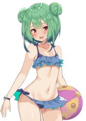 Rule 34 | 1girl, :d, absurdres, ball, bare shoulders, beachball, bikini, bikini skirt, blue bikini, commentary, cowboy shot, double bun, flat chest, green hair, groin, highres, holding, hololive, kaosu kun, looking at viewer, navel, open mouth, red eyes, short hair, simple background, smile, solo, stomach, swimsuit, thighs, uruha rushia, virtual youtuber, white background, wristband
