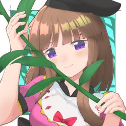 Rule 34 | 1girl, arm up, back bow, black bow, black hat, blue background, blush, border, bow, breasts, brown hair, closed mouth, commentary request, dress, hands up, hat, leaf, looking at viewer, medium breasts, myouga (plant), nazawa (nother), nishida satono, outside border, pink dress, plant, puffy short sleeves, puffy sleeves, purple eyes, red bow, short hair, short hair with long locks, short sleeves, smile, solo, touhou, upper body, white border