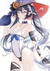 Rule 34 | 1girl, bare shoulders, black hair, blue eyes, blue hat, choker, commentary request, covered navel, cowboy shot, earrings, genshin impact, groin, hair between eyes, hat, highres, jewelry, kayjae, long hair, looking at viewer, mona (genshin impact), one-piece swimsuit, purple choker, sidelocks, solo, standing, swimsuit, thighs, twintails, very long hair, white one-piece swimsuit, witch hat