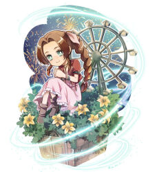 Rule 34 | 1girl, aerith gainsborough, boots, braid, braided ponytail, brown footwear, brown hair, chibi, choker, cropped jacket, dress, ferris wheel, final fantasy, final fantasy vii, final fantasy vii remake, fireworks, flower, flower choker, full body, green eyes, hair ribbon, jacket, jo ro ri, leaf, lifestream, lily (flower), long dress, long hair, looking at viewer, own hands clasped, own hands together, parted bangs, pink dress, pink ribbon, red jacket, ribbon, short sleeves, sidelocks, sitting, smile, solo, twitter username, yellow flower