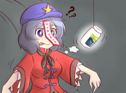 Rule 34 | 1girl, :p, :q, ?, ??, blouse, blue eyes, bottle, breath, chinese clothes, expressive clothes, facing away, glowing, grey background, hat, high collar, left 4 dead, light purple hair, long sleeves, miyako yoshika, motion lines, ofuda, outstretched arms, raglan sleeves, ribbon, shirt, short hair, solo, star (symbol), string, tongue, tongue out, touhou, wool (miwol), zombie pose