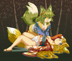 Rule 34 | 2girls, all fours, animal ears, bad id, bad pixiv id, bamboo, bamboo forest, blonde hair, blue eyes, breasts, downblouse, fang, forest, fox ears, fox tail, fundoshi, furry, furry female, green eyes, green hair, hair ornament, hairclip, japanese clothes, kimono, lying, miyata masataka, multiple girls, nature, nipples, no bra, obi, off shoulder, on back, original, sandals, sash, small breasts, snout, tail, toes