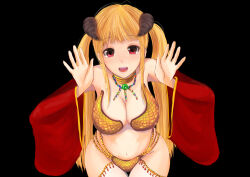 Rule 34 | 1girl, bikini, black background, blonde hair, breasts, brown horns, cleavage, cowboy shot, dc24v, detached sleeves, gold bikini, gypsy (ragnarok online), hands up, horns, jewelry, leaning forward, long sleeves, looking at viewer, medium breasts, navel, neck ring, open mouth, pink eyes, ragnarok online, red sleeves, simple background, solo, standing, straight-on, swimsuit, teeth, thigh gap, twintails, wide sleeves