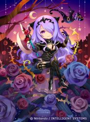 Rule 34 | 1girl, armor, axe, breasts, camilla (fire emblem), chibi, cleavage, closed mouth, company name, copyright name, crescent moon, dragon, fire emblem, fire emblem cipher, fire emblem fates, flower, gloves, hair over one eye, holding, holding axe, konfuzikokon, long hair, moon, nintendo, official art, purple eyes, purple hair, sitting, smile, solo, star (symbol), tiara, branch, wyvern