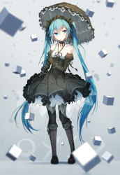 Rule 34 | 1girl, bare shoulders, black bow, black bowtie, black dress, black footwear, black gloves, black pantyhose, black umbrella, blue eyes, blue hair, blush, boots, bow, bowtie, choker, closed mouth, collarbone, cube, detached sleeves, dress, earrings, floating, floating object, frilled dress, frills, full body, gloves, gothic lolita, grey background, hairband, halterneck, hatsune miku, heart, heart earrings, jewelry, juliet sleeves, knee boots, lolita fashion, lolita hairband, long hair, long sleeves, looking to the side, pantyhose, puffy sleeves, qys3, ribbon choker, simple background, single earring, solo, tattoo, umbrella, very long hair, vocaloid