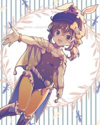 Rule 34 | 1girl, :d, animal hat, bare shoulders, beret, boots, bow, brown eyes, brown footwear, brown hair, brown hat, brown leotard, cape, capelet, delthea (fire emblem), delthea (spring) (fire emblem), easter egg, egg, fire emblem, fire emblem echoes: shadows of valentia, fire emblem heroes, green cape, green capelet, hair between eyes, hat, hat bow, leotard, looking at viewer, medium hair, nintendo, official alternate costume, open mouth, pantyhose, rabbit hat, smile, solo, waka ashakoniwa, yellow bow, yellow pantyhose