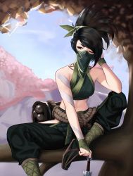 Rule 34 | 1girl, absurdres, akali, arm tattoo, black hair, breasts, crop top, dagger, dangling, elbow on knee, elbow rest, green mask, green pants, green ribbon, green shirt, hair ribbon, head rest, highres, hip vent, holding, holding dagger, holding knife, holding weapon, in tree, knife, kunai, league of legends, mask, midriff, mouth mask, navel, ninja, ninja mask, outdoors, pants, ponytail, red eyes, ribbon, rope belt, scroll, shirt, sitting, sky, sleeveless, sleeveless shirt, small breasts, solo, stomach, tattoo, tree, weapon, yoomix