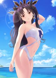 Rule 34 | 1girl, a-o a, absurdres, arm behind head, bare arms, bare shoulders, black hair, black ribbon, blue sky, cloud, cowboy shot, crown, earrings, fate/grand order, fate (series), hair ribbon, highres, hoop earrings, ishtar (fate), jewelry, lens flare, long hair, looking at viewer, navel, ocean, one-piece swimsuit, outdoors, parted bangs, parted lips, red eyes, ribbon, seaside, sky, solo, standing, strapless, strapless one-piece swimsuit, sunlight, swimsuit, thighs, tiara, two side up, white one-piece swimsuit