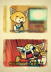 Rule 34 | 1girl, 2koma, absurdres, aggressive retsuko, animal nose, artist name, blue vest, blurry, blurry background, body fur, body writing, border, brown fur, clenched hand, closed eyes, collared shirt, comic, english text, female focus, flat chest, fox-pop vli, furry, furry female, glowing, glowing eyes, hand up, hands up, highres, holding, holding microphone, indoors, lyrics, microphone, multicolored fur, multiple views, music, \n/, office lady, open mouth, retsuko, screaming, sharp teeth, shirt, singing, system of a down, talking, teeth, upper body, vest, watermark, white eyes, white fur, white shirt, yellow fur