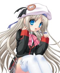 Rule 34 | 1girl, :d, black jacket, blue eyes, blue ribbon, collared shirt, fang, floating hair, grey skirt, hat, hat ribbon, highres, jacket, kud wafter, little busters!, long hair, long sleeves, looking at viewer, miniskirt, na-ga, noumi kudryavka, official art, open mouth, pink neckwear, plaid, plaid skirt, pleated skirt, ribbon, school uniform, shirt, silver hair, simple background, sitting, skirt, smile, solo, thighhighs, very long hair, white background, white hat, white shirt, white thighhighs, wing collar, zettai ryouiki