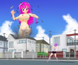 Rule 34 | 2girls, blush, breasts, giant, giantess, large breasts, mgear, moralgear, multiple girls, pink eyes, pink hair, surprised, torn clothes, twintails