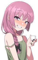 Rule 34 | 1girl, black nails, blush, bocchi the rock!, braid, collarbone, cup, dress, fingernails, green dress, grin, halulu, highres, hiroi kikuri, holding, holding cup, long hair, looking at viewer, nail polish, purple eyes, purple hair, simple background, single braid, smile, solo, upper body, white background