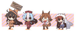 Rule 34 | 0 0, 10s, 4girls, :&gt;, :&lt;, akatsuki (kancolle), animal ears, animal hands, ascot, bad id, bad pixiv id, black hair, blue hair, brown hair, candy, chibi, collar, fang, food, ghost, gloves, hair ornament, hairclip, halloween, halloween costume, hat, hibiki (kancolle), ikazuchi (kancolle), inazuma (kancolle), jiangshi, kantai collection, lollipop, multiple girls, open mouth, pantyhose, paw gloves, placard, qingdai guanmao, shiro to yama, sign, skirt, solid oval eyes, swirl lollipop, tail, trick or treat, werewolf, witch, witch hat