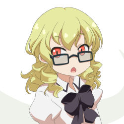 Rule 34 | 1girl, black bow, black bowtie, blonde hair, bow, bowtie, cato (monocatienus), chestnut mouth, dress, drill hair, glasses, grey background, juliet sleeves, long sleeves, looking at viewer, looking over eyewear, luna child, medium hair, no headwear, open mouth, puffy sleeves, rectangular eyewear, red eyes, solo, standing, thick eyebrows, touhou, two-tone background, upper body, white background, white dress
