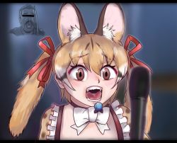 Rule 34 | 1girl, animal costume, animal ear fluff, animal ears, bow, bowtie, brown eyes, brown hair, cat ears, cat girl, kemono friends, kemono friends v project, large-spotted genet (kemono friends), long hair, looking at viewer, microphone, open mouth, parody, ribbon, saja (166j357), shirt, simple background, solo, twintails, virtual youtuber