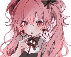 Rule 34 | 1girl, black bow, blush, bow, commentary, earrings, fang, hair bow, heart, heart earrings, heart in eye, jewelry, long hair, looking at viewer, momoi airi, open mouth, pink eyes, pink hair, pink nails, project sekai, sekai no housekibako, solo, symbol in eye, twintails, uya (moffy03)