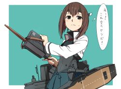 Rule 34 | 10s, 1girl, bow (weapon), brown eyes, brown hair, crossbow, female focus, hair between eyes, headband, kantai collection, kinosuke (sositeimanoga), outside border, pleated skirt, short hair, skirt, solo, sweatdrop, taihou (kancolle), thought bubble, trigger discipline, weapon