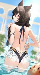 Rule 34 | 1girl, absurdres, animal ears, ass, back, backless swimsuit, ball, bare shoulders, black hair, black one-piece swimsuit, blurry, blurry background, blurry foreground, bracelet, braid, braided ponytail, butt crack, closed mouth, day, from behind, granblue fantasy, hair between eyes, highres, jewelry, long hair, looking at viewer, looking back, nakonbu, nier (granblue fantasy), nier (lover by the lily lake) (granblue fantasy), one-piece swimsuit, outdoors, red eyes, solo, sun, swimsuit, twitter username, vyrn (granblue fantasy), wading, water