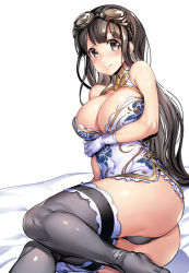 Rule 34 | 10s, 1girl, ajishio, ass, bare shoulders, black thighhighs, blush, breast hold, breasts, brown eyes, brown hair, china dress, chinese clothes, cleavage, cleavage cutout, clothing cutout, dress, floral print, gloves, goggles, goggles on head, granblue fantasy, jessica (granblue fantasy), large breasts, long hair, looking at viewer, lying, matching hair/eyes, on side, short dress, side slit, smile, solo, thighhighs, thighs
