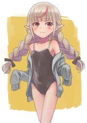 Rule 34 | 1girl, ahoge, bare shoulders, black one-piece swimsuit, black ribbon, blush, braid, cardigan, clothes down, collarbone, competition school swimsuit, cowboy shot, dyed ahoge, flat chest, grey hair, hair ribbon, highres, long hair, makaino ririmu, multicolored hair, nijisanji, one-piece swimsuit, open cardigan, open clothes, pointy ears, red eyes, red hair, ribbon, sabamen, school swimsuit, sidelocks, sleeves past fingers, sleeves past wrists, solo, streaked hair, swimsuit, twin braids, two-tone background, virtual youtuber