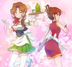 Rule 34 | 2girls, apron, bottle, brown hair, china dress, chinese clothes, dress, earrings, floral background, freckles, glass, green eyes, higanbana waitress, iesupa, jewelry, multiple girls, one eye closed, rwby, tray, waitress